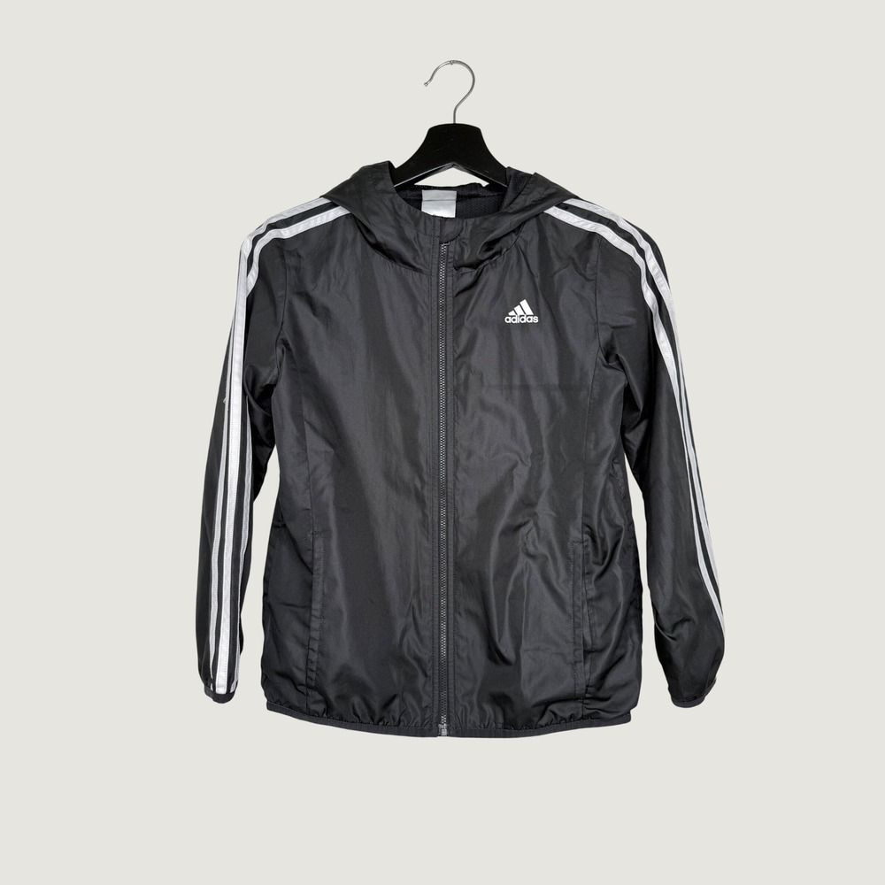 Adidas Kids Black White Stripe Hooded Windbreaker Jacket Size M 10/12 Full Zip